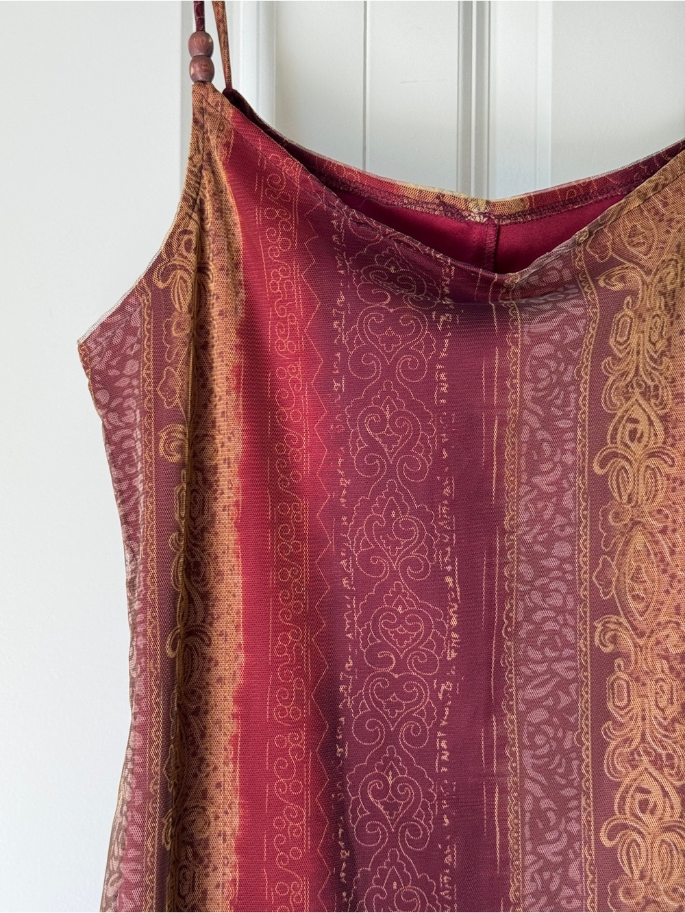 Vintage Y2K Boho Maxi Slip Dress Burgundy Gold Damask Scroll Stripe Mesh Size M - Picture 5 of 12